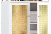 Bamboo Cabinet, Rattan Storage Cabinet with Doors, Freestanding Floor Cupboard for Bathroom, Living Room, Hallway, White