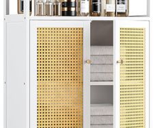 Bamboo Cabinet, Rattan Storage Cabinet with Doors, Freestanding Floor Cupboard for Bathroom, Living Room, Hallway, White