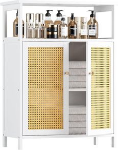 Bamboo Cabinet, Rattan Storage Cabinet with Doors, Freestanding Floor Cupboard for Bathroom, Living Room, Hallway, White