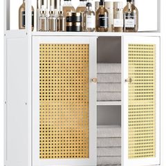 Bamboo Cabinet, Rattan Storage Cabinet with Doors, Freestanding Floor Cupboard for Bathroom, Living Room, Hallway, White