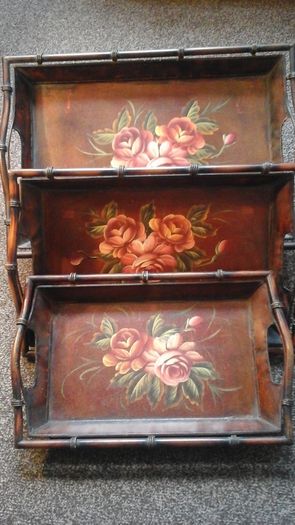 Set of 3 large vintage metal tole trays