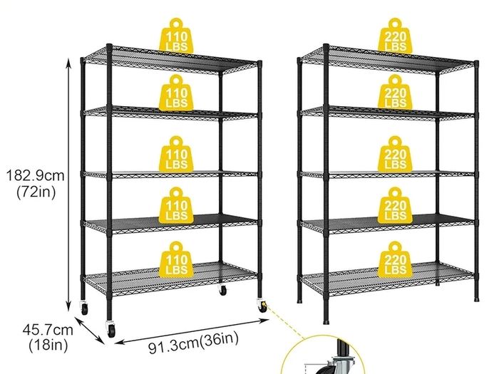 Heavy Duty Garage Shelving Unit - 182.9x91.3x45.7 cm - Adjustable Wire Shelving Unit Storage Shelves with Wheels, 5 Tier, Black