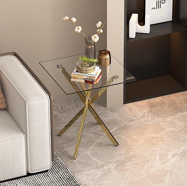 Small Glass Side Table with Gold Chrome Legs for Bedroom and Living Room