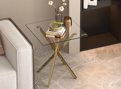 Small Glass Side Table with Gold Chrome Legs for Bedroom and Living Room