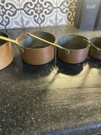 Set of Six Antique Copper brass Graduated Sauce Pans