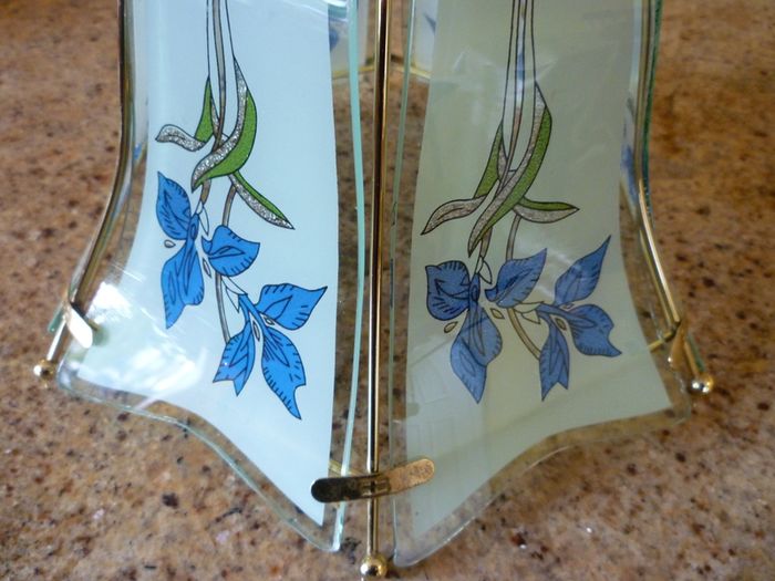 Glass Ceiling Light Shade Frosted Grey, Blue & Green, Gold Trim. SUPER CONDITION