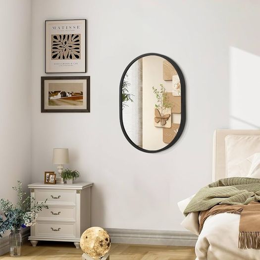 Oval Mirror Black Metal Frame Bathroom Mirrors for Wall  Small Aluminum Alloy Mirror Decorative for Bathroom Living Rooms Bedroom Entryway Hallway Horizontal or Vertical Hanging