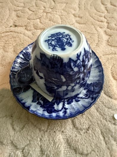 Vintage Flow Blue Moustache Cup and Saucer, Victoria Ironstone Staffordshire