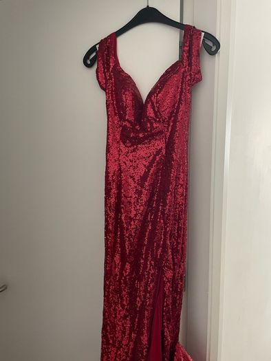 Red sequin off shoulder debs dress