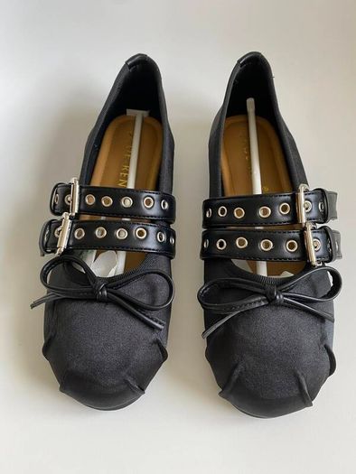 Womens Black Satin Ballerina Buckle Flats MIU MIU Style Ballet Shoes EU 38 NEW
