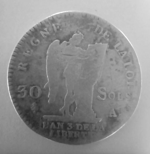 Louis XVI, 30 Sols, Silver Coin, French Revolution. Paris.