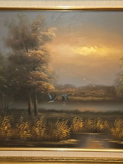 Vintage Oil on Canvas Landscape Ducks in Flight - Signed and Framed