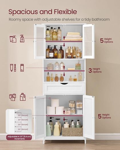 Storage Cabinet, Freestanding Bathroom Storage Unit with Adjustable Shelves, Drawer