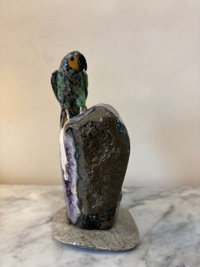 Premium Ruby in Zoisite Gemstone Parrot Carving on Unique Amethyst Crystal Geode