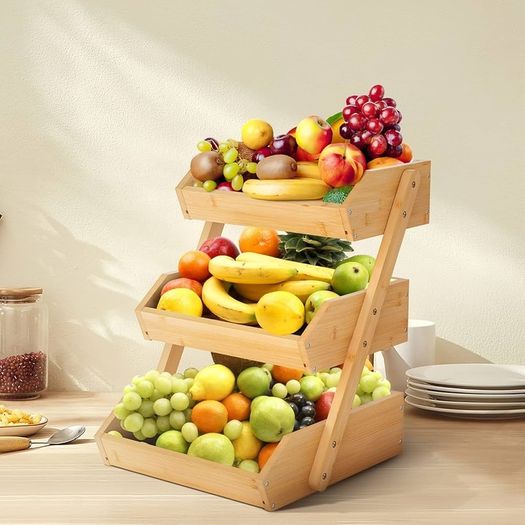 3-Tier Bamboo Fruit Basket Bowl Holder, Bread Vegetables Storage Stand for Kitchen Countertop, Snacks Rack in Home Kitchen and Office