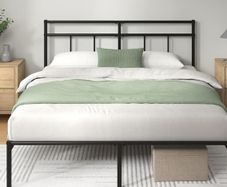 Double Bed Frame with Headboard 4ft6 135 x 190 cm 11.8 Height Metal Bed Base with Steel Slat Support - Storage Space Underneath Modern Design  Easy Assembly  Black