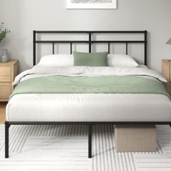 Double Bed Frame with Headboard 4ft6 135 x 190 cm 11.8 Height Metal Bed Base with Steel Slat Support - Storage Space Underneath Modern Design  Easy Assembly  Black