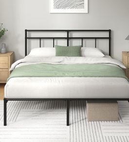 Double Bed Frame with Headboard 4ft6 135 x 190 cm 11.8 Height Metal Bed Base with Steel Slat Support - Storage Space Underneath Modern Design  Easy Assembly  Black
