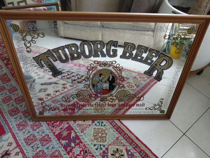 Vintage mirror Tuborg Beer advertising wood framed 75 x 54cm