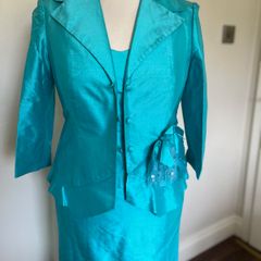Antonelle Tacchini Italian made 100% silk 3 piece suit, Best fit UK 12. Turquoise Mother of the Bride Occasion