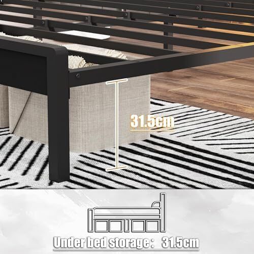 Double Metal Bed Frame with USB Charging Station, LED Lights & Storage Headboard Heavy Duty Black Platform Bed with 31.5 cm Underbed Storage, No Box Spring Needed, Noise Free (Black, Double)