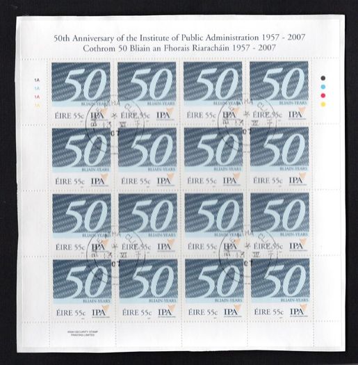 2007 Ireland 50th Anniversary of the IPA Institute of Public Administration Commemorative Stamp Sheetlet Plate 1A1A1A1A Mint Fine Used with Dublin cancel of 25th May 2007 (First day of issue)