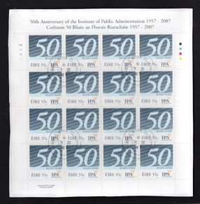 2007 Ireland 50th Anniversary of the IPA Institute of Public Administration Commemorative Stamp Sheetlet Plate 1A1A1A1A Mint Fine Used with Dublin cancel of 25th May 2007 (First day of issue)