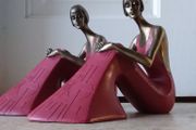 Vintage Bronze Art Deco Sculpture Lady Sitting - Pair