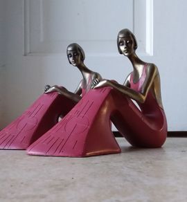 Vintage Bronze Art Deco Sculpture Lady Sitting - Pair