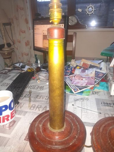 Two Old Military Brass Shell Lamps on Mahogany Bases