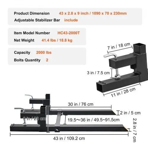 Pallet Forks, 907.2 kg Clamp on Pallet Forks, 109.2 cm Total Length Tractor Bucket Forks with Adjustable Stabilizer Bar, Heavy Duty Pallet Forks