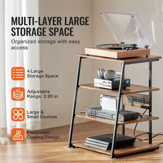 4-Tier AV Media Stand with Power Strips, Corner TV Stand with LED Lights, Height Adjustable