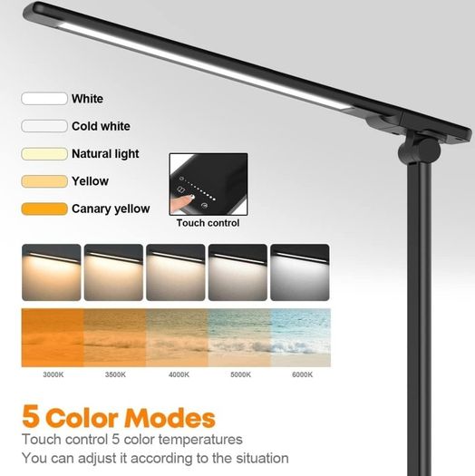 Desk Lamp Eye-Caring LED Table Lamp Dimmable Bedside Lamp with 2 USB Charging Ports and 10 Brightness Levels x 5 Colour Modes Touch Control Daylight Lamp for Office, Bedside, Reading- Auto Timer