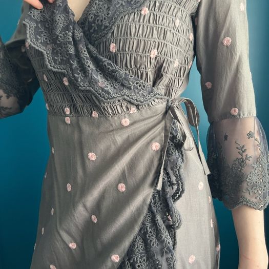 Odd Molly Grey lace & pink embroidered dress. Size 8/10