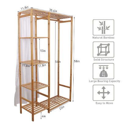 BRAND NEW Bamboo Wood Clothing Garment Rack with Shelves Clothes Hanging Rack
