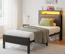 3FT Single Bed Frame with LED Lights and Charging Station