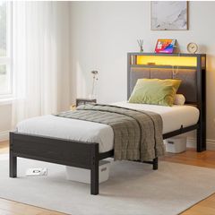 3FT Single Bed Frame with LED Lights and Charging Station