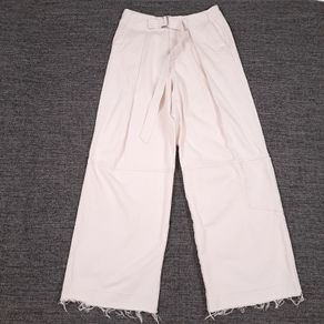 Zara Off White Cream Belted Frayed Hem Wide Leg Cargo Utility Jeans Size S