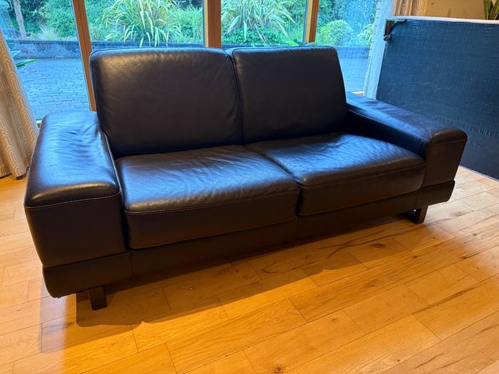 Designer Navy Leather Seater Sofa Excellent Condition