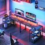 L Shaped Gaming Desk with LED Lights, 120 x 80 cm Computer Desk with Power Outlet, Reversible Corner Gaming Table with Storage Shelves & Monitor Stand, Black Image 4