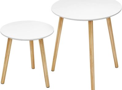 Nesting Side Table, Round End Table, Set of 2, Scandinavian Minimalist Coffee Table with Solid Pine Wood Legs, White and Natural (FREE POSTAGE)