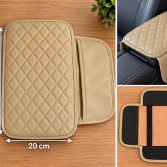 Beige Quilted Car Armrest Protector Cover