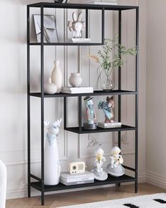 Black Bookshelf, Industrial Bookcase Open Storage Shelves with Metal Frame, Freestanding Display Rack Tall Shelving Unit for Living Room, Bedroom, Office, Black