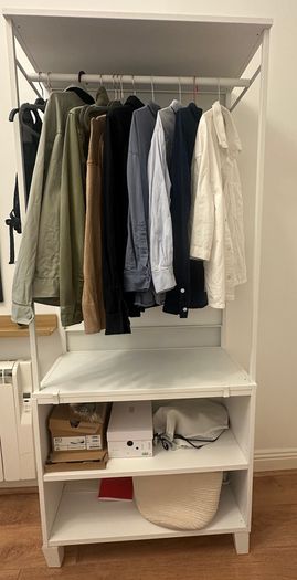 IKEA open wardrobe with hanging rail and shelving - white