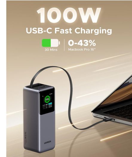 UGREEN 20000mAh 165W Power Bank Fast Charging, Built-in Retractable USB C Cable 3-Way Output Laptop Portable Charger