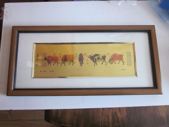 Chinese Framed Picture of Five Oxen/Cattle