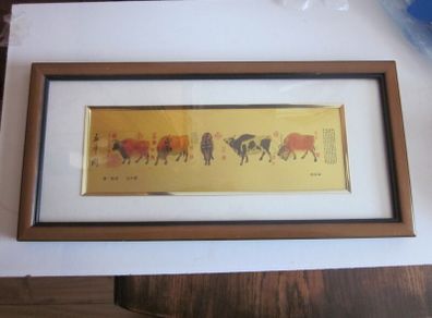 Chinese Framed Picture of Five Oxen/Cattle
