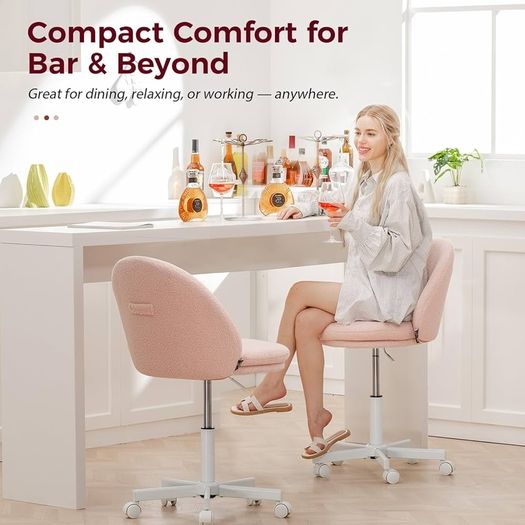 Vanity Chair, Desk Chair without Armrests, Swivel Chair with Back Support, Comfortable Office Chair on Wheels, Height-Adjustable Home Office Chair, Pink Fleece