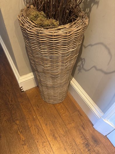 Very tall rattan planter with contorted willow