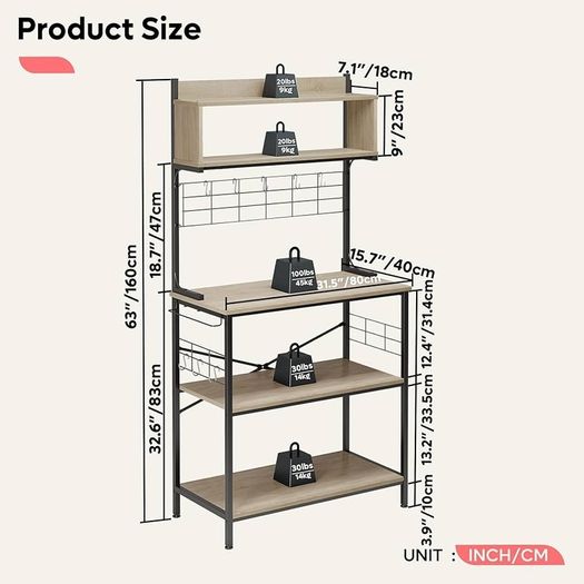 80cm Bread Rack & Microwave Rack with 4 Shelves, Multi-functional Coffee Bar Shelf, 8 Side Hooks, Open Shelf Suitable for Kitchens, Dining Rooms, Living Rooms (oak)